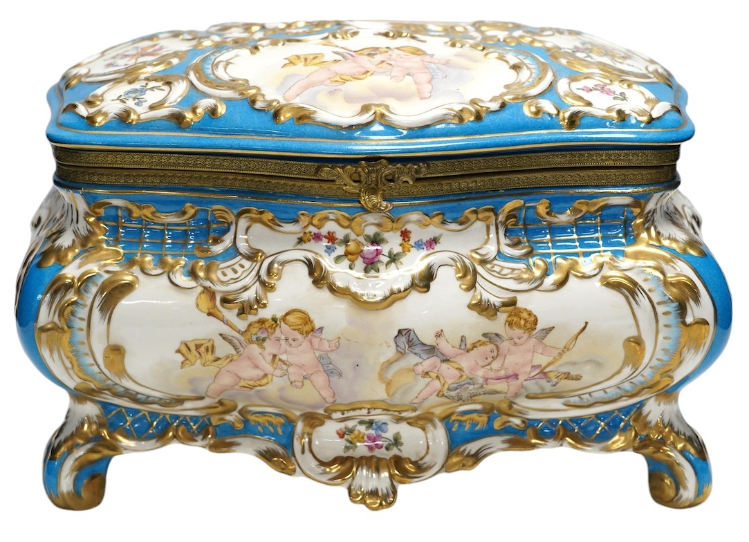 A large Sevres style porcelain casket, 33cm wide. Condition - good